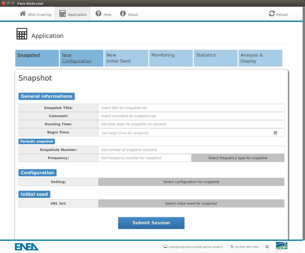 Interfaccia grafica: snapshot Funzionalità: Sottomissione di snapshot singoli o periodici; Possibilità di scegliere