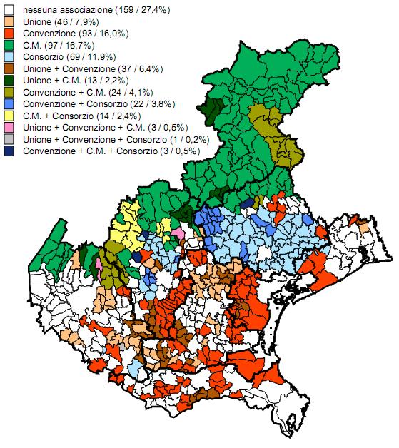 Mappe dell associazionismo intercomunale del Veneto Al 31/12/2011 si contavano: 28 Unioni di Comuni, comprendenti 96 comuni associati, per una popolazione di 457.