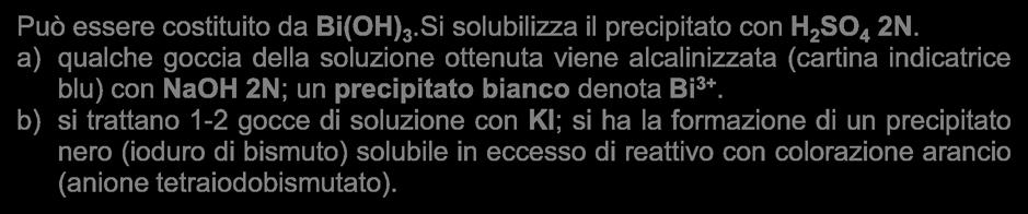 Due gocce poste su lamina di rame danno un deposito lucente che denota Hg. Precipitato Può contenere Bi(OH) 3 e Pb(OH) 2.