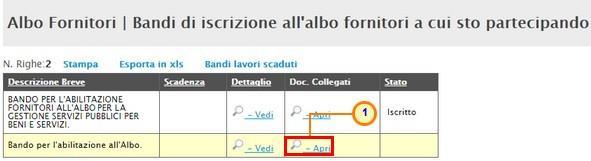 Figure:34-- Albo Fornitori Bandi di iscrizione all'albo fornitori a cui sto partecipando In corrispondenza del Bando di iscrizione all'bando fornitori a cui sto partecipando cliccare sul comando