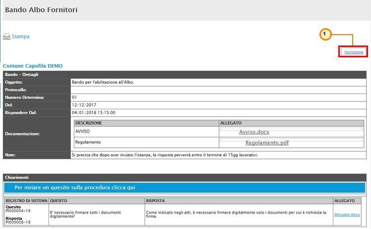 Figure:4--Bando Albo Fornitori - Iscrizione Verrà mostrata la scheda Istanza Iscrizione Albo Fornitori la quale presenta in alto una toolbar con i seguenti comandi di gestione: - Salva: per salvare