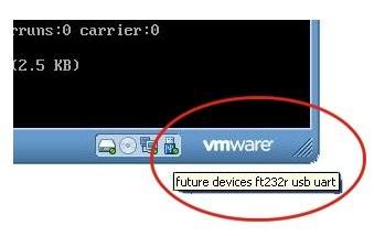 Dall'interfaccia del player VMWARE cliccare su: "Virtual Machine" - > "Removable Devices" -> "future devices ft232r usb" -> "Connect" Immagine 8 console