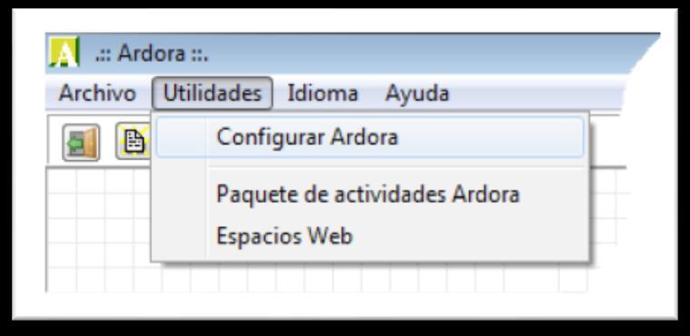 Il programma inizialmente è configurato in Spagnolo; se vuoi cambiare questa impostazione, apri il menù "Utilidades" e seleziona l'opzione "Configurar Ardora" (figura 5).