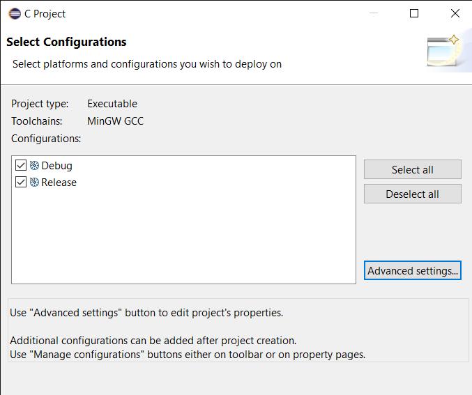 Utilizzo di Eclipse CDT - Configurazione Configurazione Progetto Cliccando su Finish il progetto viene creato E possibile anche impostare dei settaggi avanzati