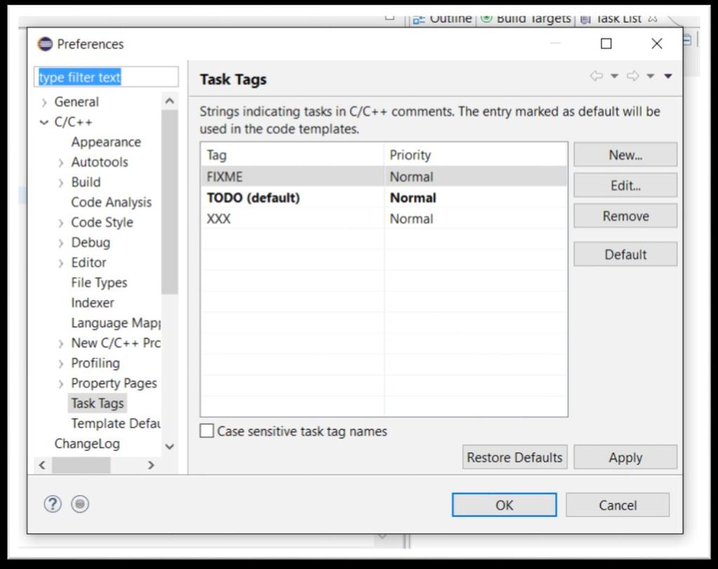 Utilizzo di Eclipse CDT - Tasks Window Preferences C/C++