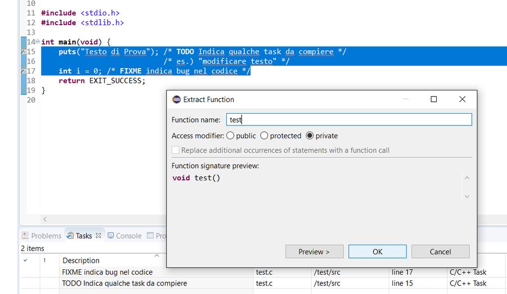 Utilizzo di Eclipse CDT Refactoring La funzione «Extract Function» dato un testo