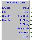 1.1.1 IEC62056_21Rd, IEC62056-21 read FB Type Library Version Questo blocco funzione esegue la gestione della lettura di registri da sistemi di metering utilizzando il protocollo IEC62056-21.