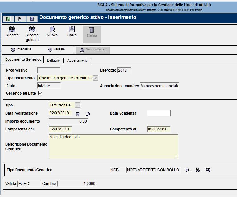 La funzione di gestione dei documenti generici, quindi, richiede una ulteriore specifica del documento tra le possibili scelte: Nota addebito con Bollo; Nota addebito senza Bollo; Documento generico.