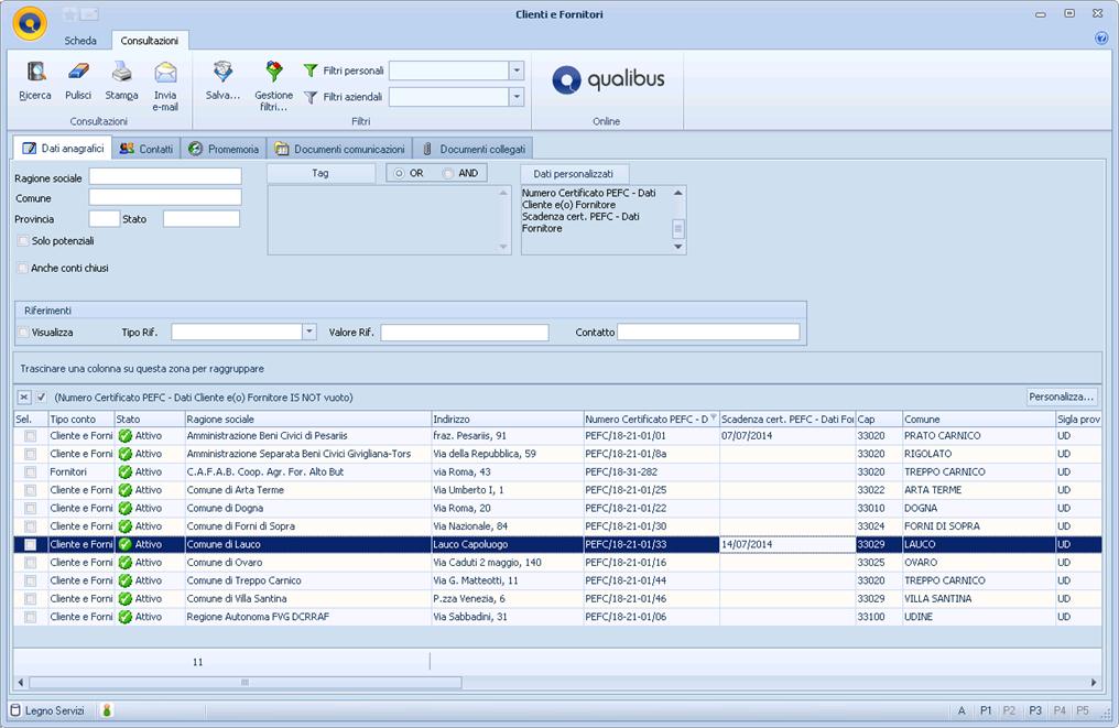 Gestione Anagrafiche e certificati PEFC Dalle consultazioni anagrafiche è possibile avere l elenco completo dei
