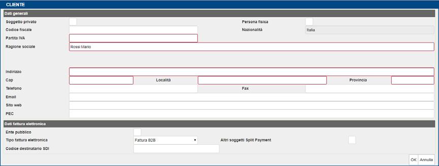 SEZIONE TESTATA Nei campi di testata è necessario indicare il tipo documento (fattura o nota di credito), la data e il cliente.