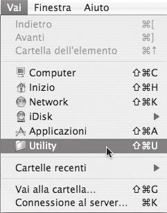 MAC OS X 11 Selezionare [Utility] nel menu [Vai]. In Mac OS X vers. da 10.5 a 10.5.8 o 10.6, fare clic su [Preferenze di sistema] nel menu Apple ( ) e selezionare [Stampante e Fax] ( ).