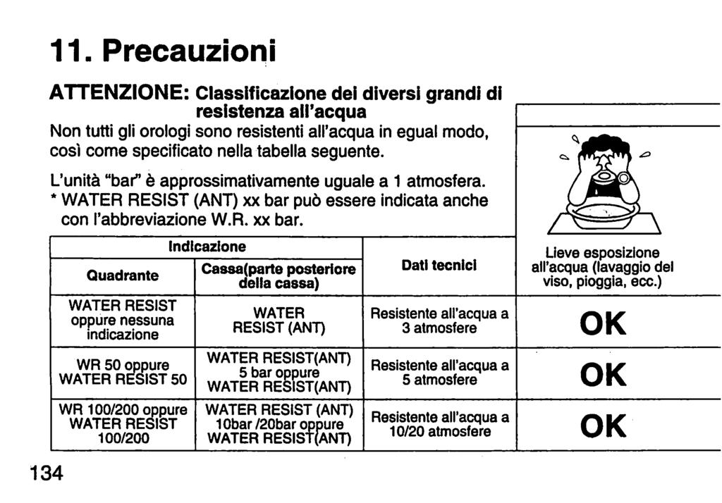 11. Precauzioni ATTENZIONE: Classificazione dei diversi grandi di resistenza all'acqua Non tutti gli orologi sono resistenti all'acqua in egual modo, così come specificato nella tabella seguente.