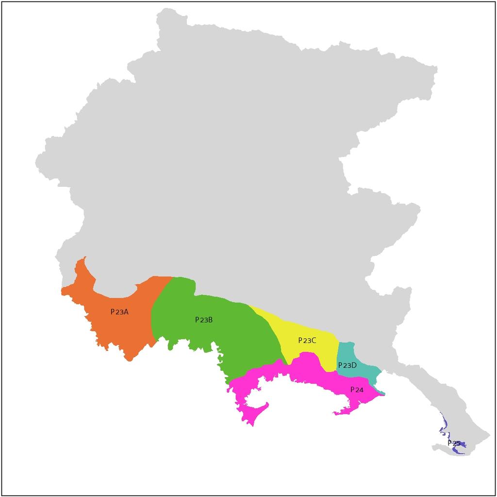 Figura 16 - Corpi idrici sotterranei della pianura friulana: bassa pianura falda freatica locale (i corpi idrici P24 e P25 sono stati eliminati nel gennaio 2016) 7.