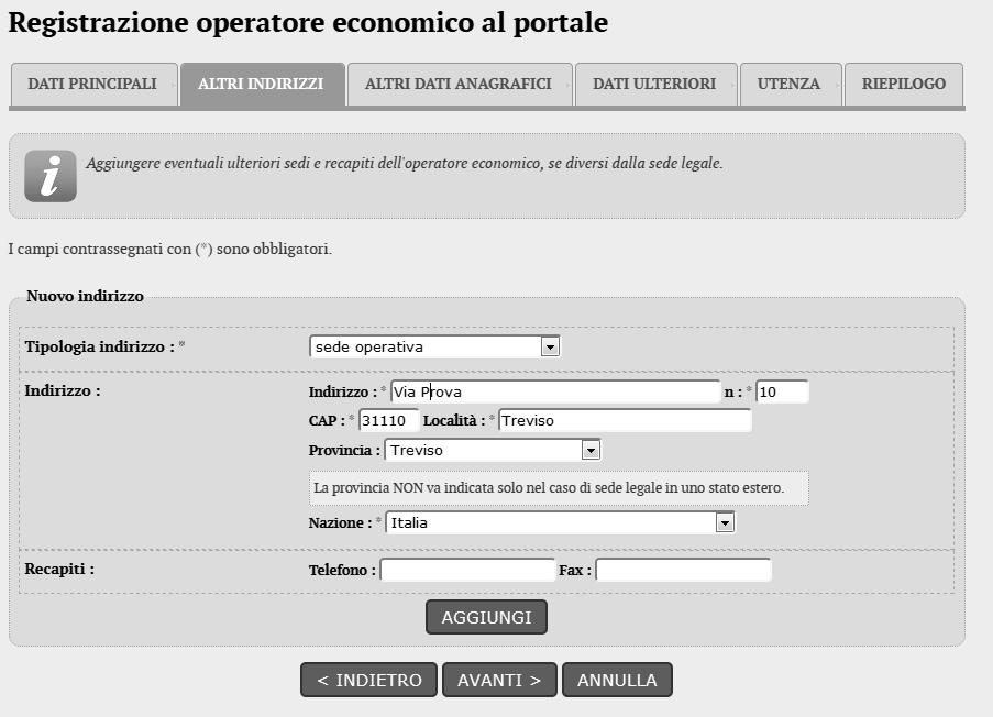 Inserire gli eventuali ulteriori indirizzi oltre a quello principale relativo alla sede legale inserito nella scheda Dati principali.