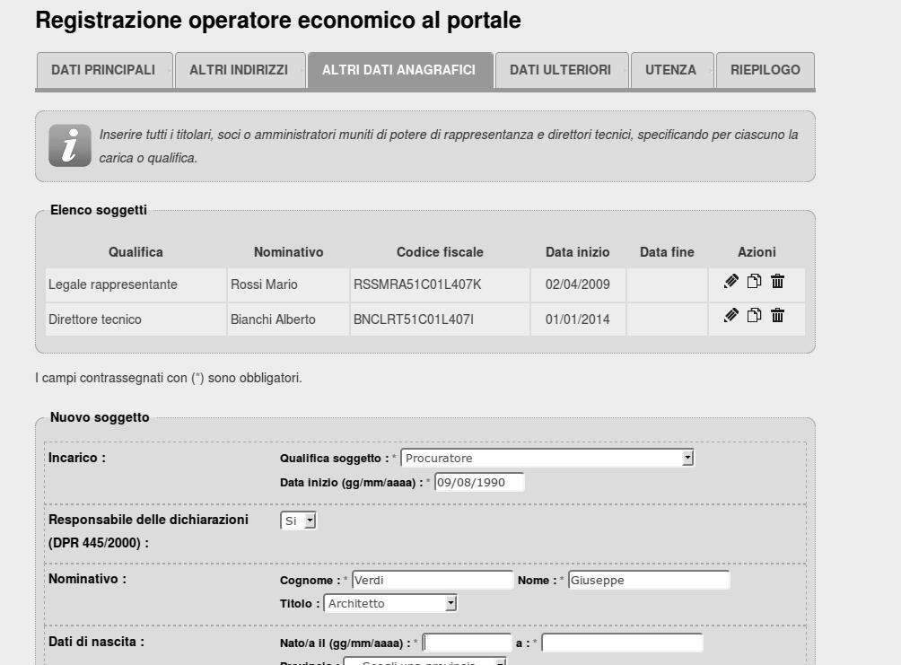 Indicando SI sarà successivamente possibile selezionare il soggetto nel