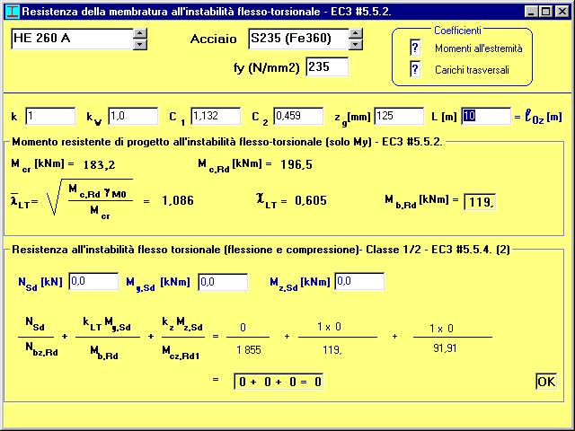 b, Rd Sd χ b, Rd 8 119 9.5 kn / m 100 0.605 196.5 119 knm Sd 1.5 6.35 kn / m l carico ammissibile è leggermente superiore a uello ottenuto col metodo ω 1 ( 5.73 kn/m).