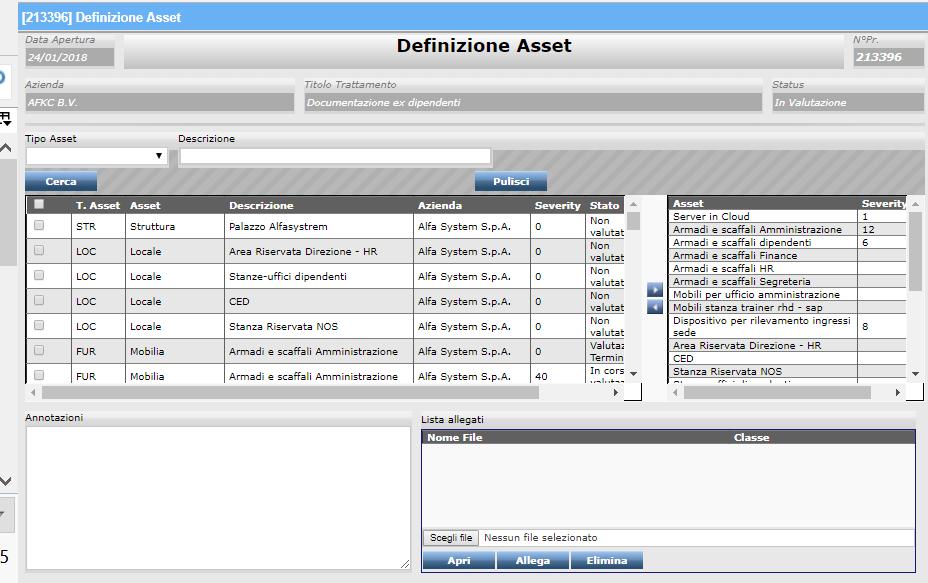 Trattamenti Completamento dati Completamento dati Associazione Asset Associazione