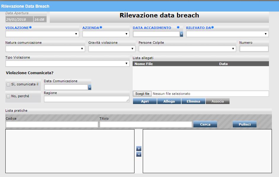 Data breach Comunicazione Comunicazione Data breach Una volta inserita la violazione è necessario completare i dati per creare il pdf da