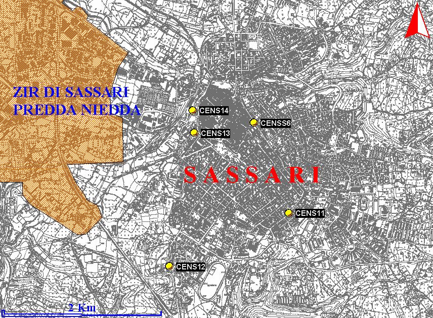 Figura 89 Posizione delle stazioni di misura di Sassari (zona urbana) Complessivamente la percentuale di dati validi per l anno in esame è pari a circa il 94, contro il 95 del 7.