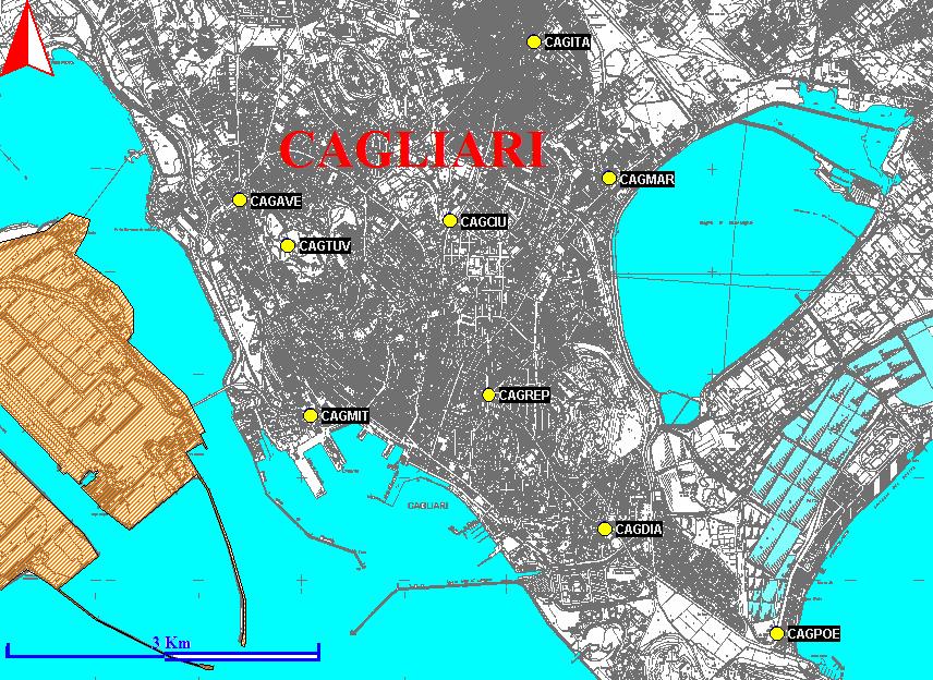 6. COMUNE DI CAGLIARI La rete del comune di Cagliari è formata da sette stazioni di misura tradizionali e da due DOAS, queste ultime però non funzionanti nell anno 8.