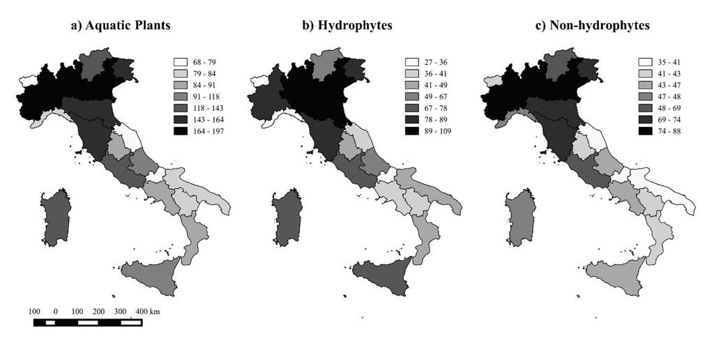 Sono complessivamente 279 le idrofite segnalate, oggi, in Italia: - 88% delle specie Europee/Mediterranee, 56% Paleartiche, 10% globali.