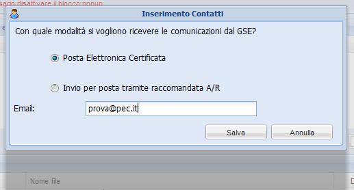 Il sistema mostra di default il campo per l inserimento di un indirizzo di Posta Elettronica Certificata (PEC).