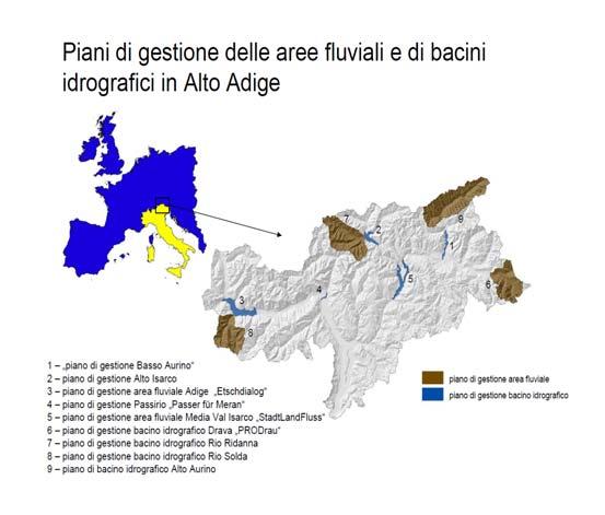 Figura 12 - Piani integrati di bacino nella Provincia Autonoma di Bolzano La superficie delle aree di studio varia dai 41,3 ettari fino a 200 km², in funzione della situazione di partenza, delle