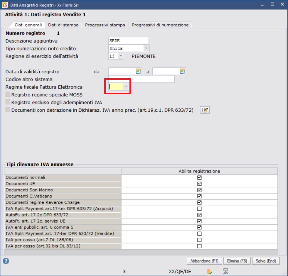 Indicare i dati principali del registro Attivare tutti i documenti che si intendono registrare su questo registro Per registro acquisto: se la tipologia prevede la doppia annotazione viene richiesta