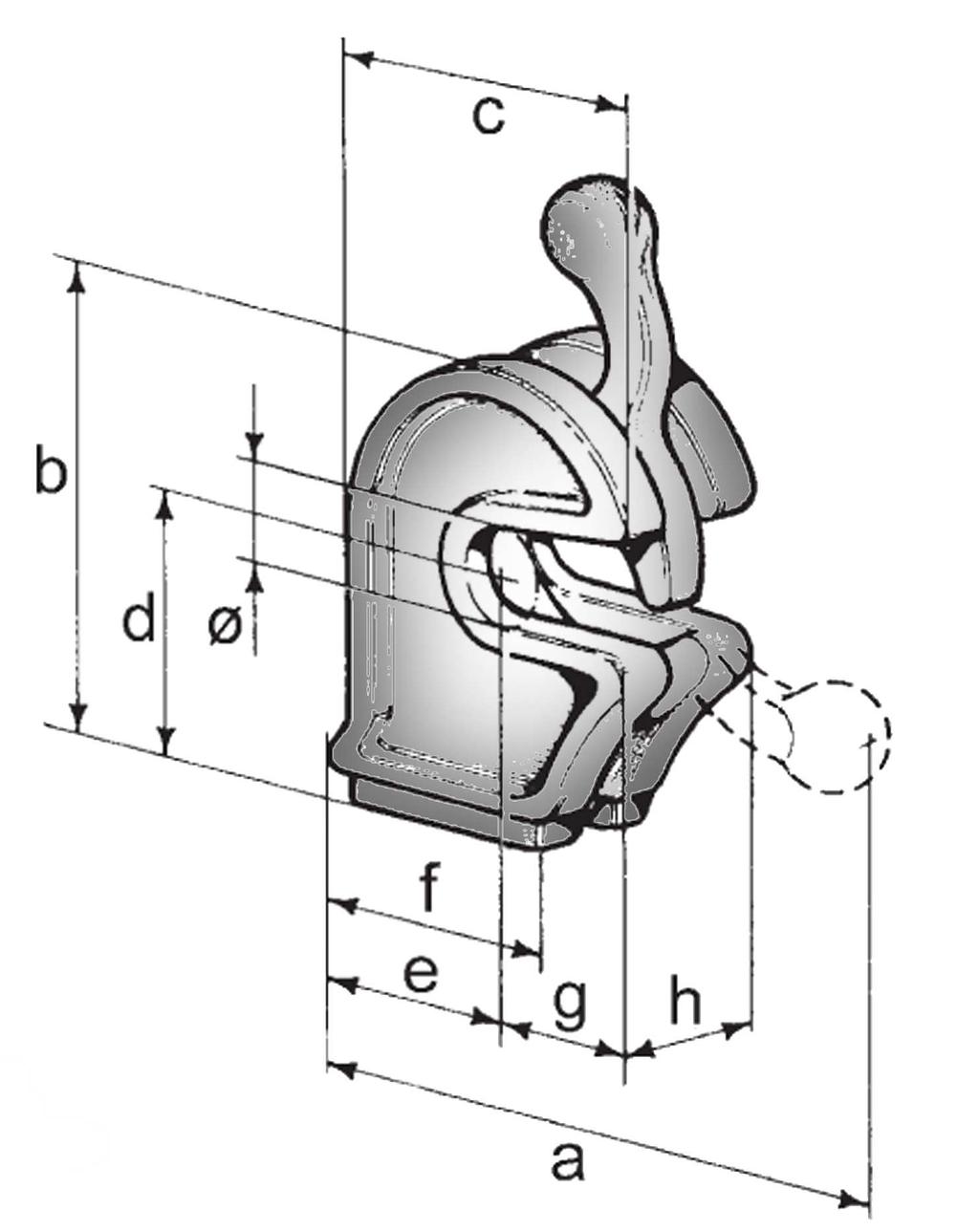 Chiusura a blocco Clamp Piantone Pillar Articolo Article 10230085 10230085/Z 10248100 10251100 10252100 10260100 Chiusura a blocco - Clamp Descrizione Quote / Size (mm) Description Ø a b c d e f g h