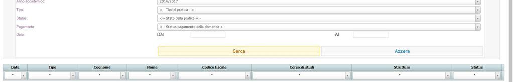 Figura 2 È possibile recuperare una pratica inserendo Cognome, Nome e/o Codice Fiscale dello studente oppure lavorando su uno specifico corso di studio/dipartimento utilizzando i campi del blocco