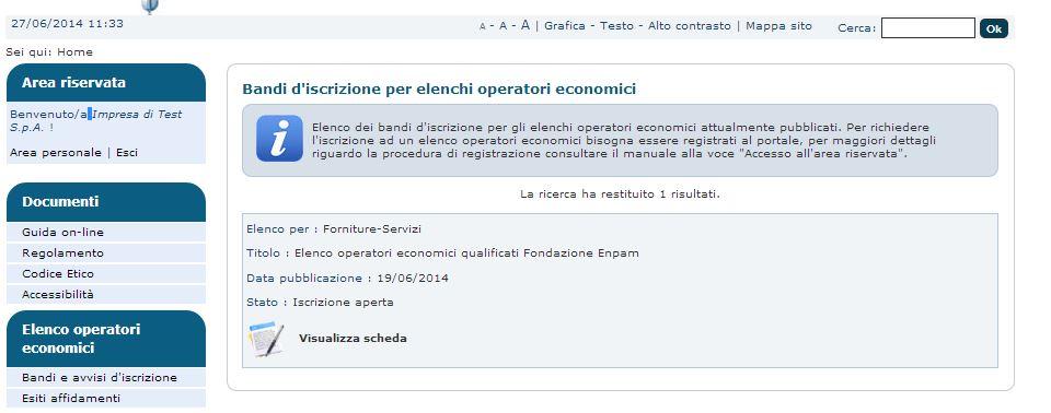 Immesse le credenziali di accesso (utente: ricevuto via mail, password: scelta al primo accesso), l'impresa ha la possibilità di verificare le informazioni anagrafiche presenti nel sistema