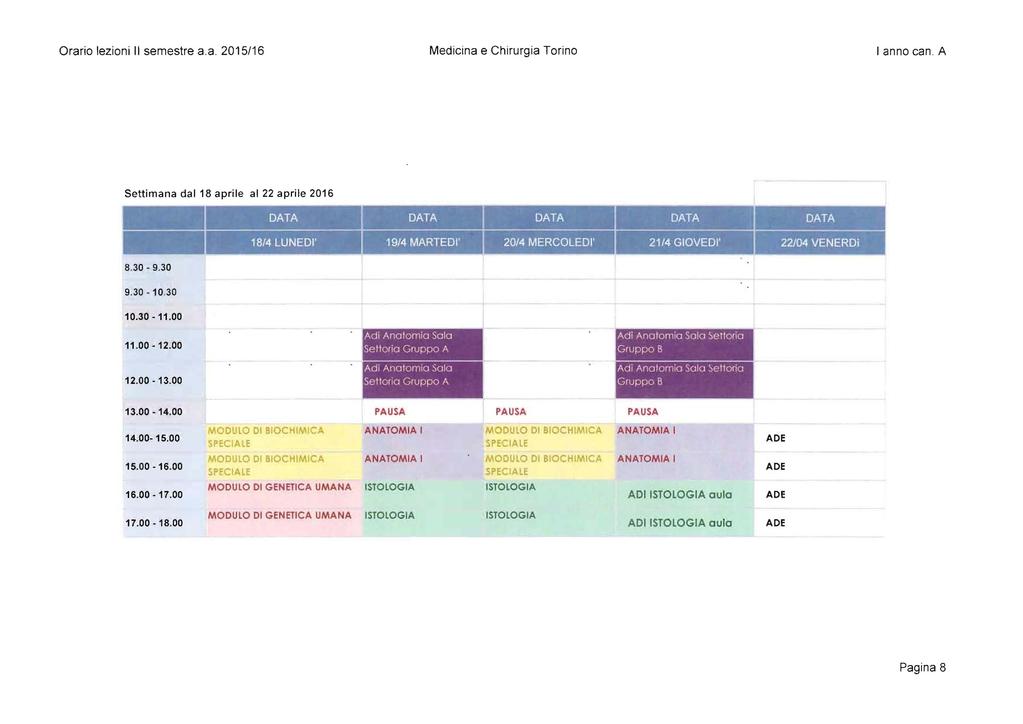 Orario lezioni Il semestre a.a. 2015/16 Medicina e Chirurgia Torino I anno can A Settimana dal18 aprile al 22 aprile 2016 10.30-11.00 Adi Anolomio Solo ~ettorio 11.00-12.