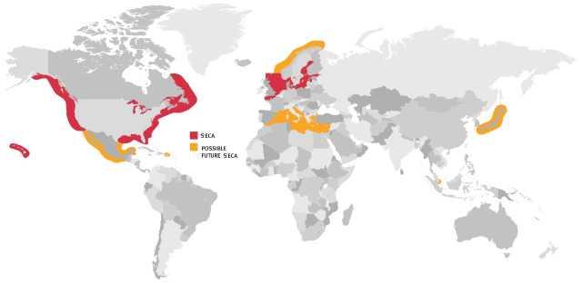 Il GNL come combustibile: Direttiva 2012/33/UE SECA (Sulfur Emission Controlled Area) Dal 1 Gennaio 2015, nelle zone SECA il tenore massimo consentito di biossido di zolfo