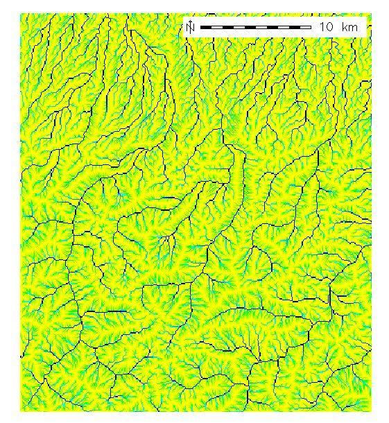 Al fine di codificare tale rappresentazione, occorre considerare l area contribuente (accumulation area), data dal numero di celle drenate per ciascuna cella (se il numero è 1, la generica cella