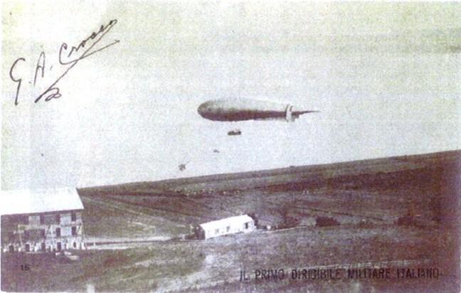 Cantiere Sperimentale di Vigna di Valle, 3 ottobre 1908; volo del primo Dirigibile Militare Italiano, progettato da Arturo Crocco e Ottavio Ricaldoni Il 3 ottobre 1908, nel cantiere sperimentale di