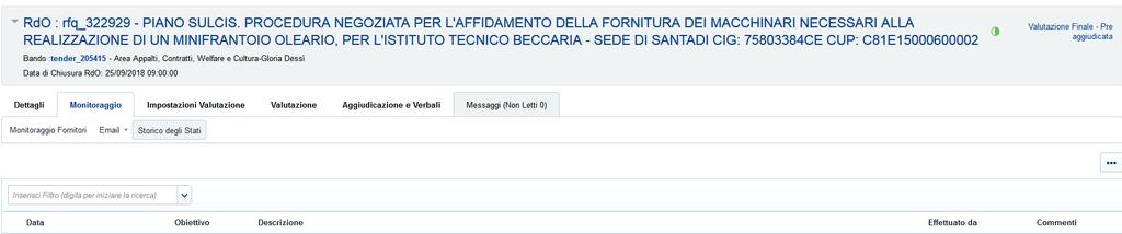 - entro il termine stabilito è pervenuta una sola offerta presentata dall operatore economico Pieralisi S.p.A.