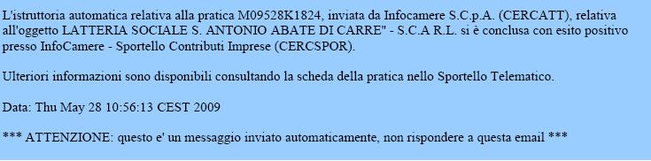 Comunicazione invio della pratica: