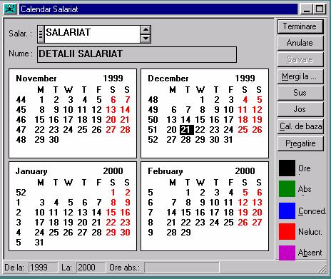 19.2. CALENDAR SALARIAT 19.2.1. Interfaţa Interfaţa include foaia de calendar, din care utilizatorul poate selecta o perioadã.