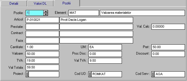 TVA si valoare TVA reprezinta cota TVA si valoarea TVA. Pentru articole cota TVA se preia din nomenclatorul de articole de stoc iar pentru prestatii este 19.