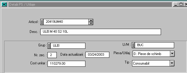 11. PIESE DE SCHIMB / UTILAJE 11.1. DESCRIERE GENERALA Cum se acceseazã modulul Piese de Schimb / Utilaje Se selecteazã din meniul COSWIN Întreţinere / Fişiere de Baza / Piese de Schimb/Utilaje.