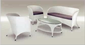 Aluminium set with one sofa, two armchairs and a table with a glass top.
