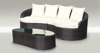 Aluminium set with one sofa, two armchairs and a table with a glass top. Cushions and pillows included.