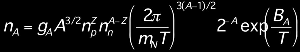 Nucleosintesi Cosmologica 2 La condizione di equilibrio cinetico e la relazione tra i potenziali chimici implicano: Dove nel pre-fattore la massa del