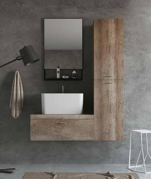 Mirror and wall units (open and with door) complete the whole. Specchio con mensola 50x80h nero. Pensile a giorno 40x21x80h rovere primitivo. Pensile con anta 40x23x80h. Lavabo WYNN 50x40x25h.