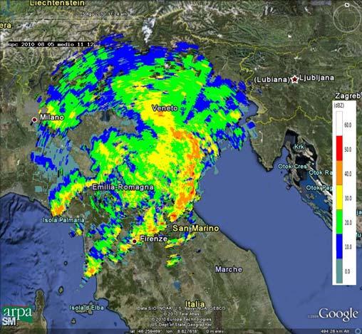 Il giorno successivo, il richiamo di aria umida temperata dà origine a precipitazioni più estese in Italia settentrionale e