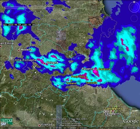 Il giorno 4 i massimi di precipitazione giornaliera sono registrati nel ravennate. Da segnalare il massimo orario registrato dalla stazioni Tebano alle ore 02 UTC di oltre 50 mm.