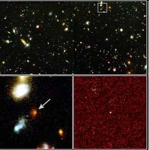 Una delle più lontane supernovae mai viste, la supernova 1997ff, vista con HST La foto superiore mostra la miriade di galassie registrate da Hubble nella regione di spazio distante circa 10 miliardi