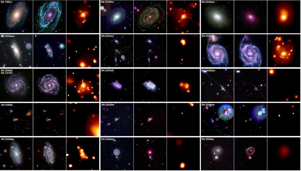 Vengono mostrate in queste 45 immagini 15 supernovae recenti, ognuna