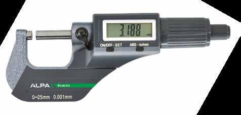 Exacto IP65 Fast forward digital micrometer Resolution 0,001. Protection against dust and liquids, ABS function to return to absolute scale, fast forward 2/revolution. Painted frame.