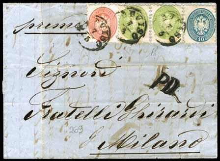 21 21 * 1866 - Lettera spedita da Rovigo per Milano il 7.05.1866, con non comune affrancatura tricolore composta da coppia del 3 s. verde, un 5 s. rosa ed un 10 s. azzurro. A.D., cert. E.D. (42/44).